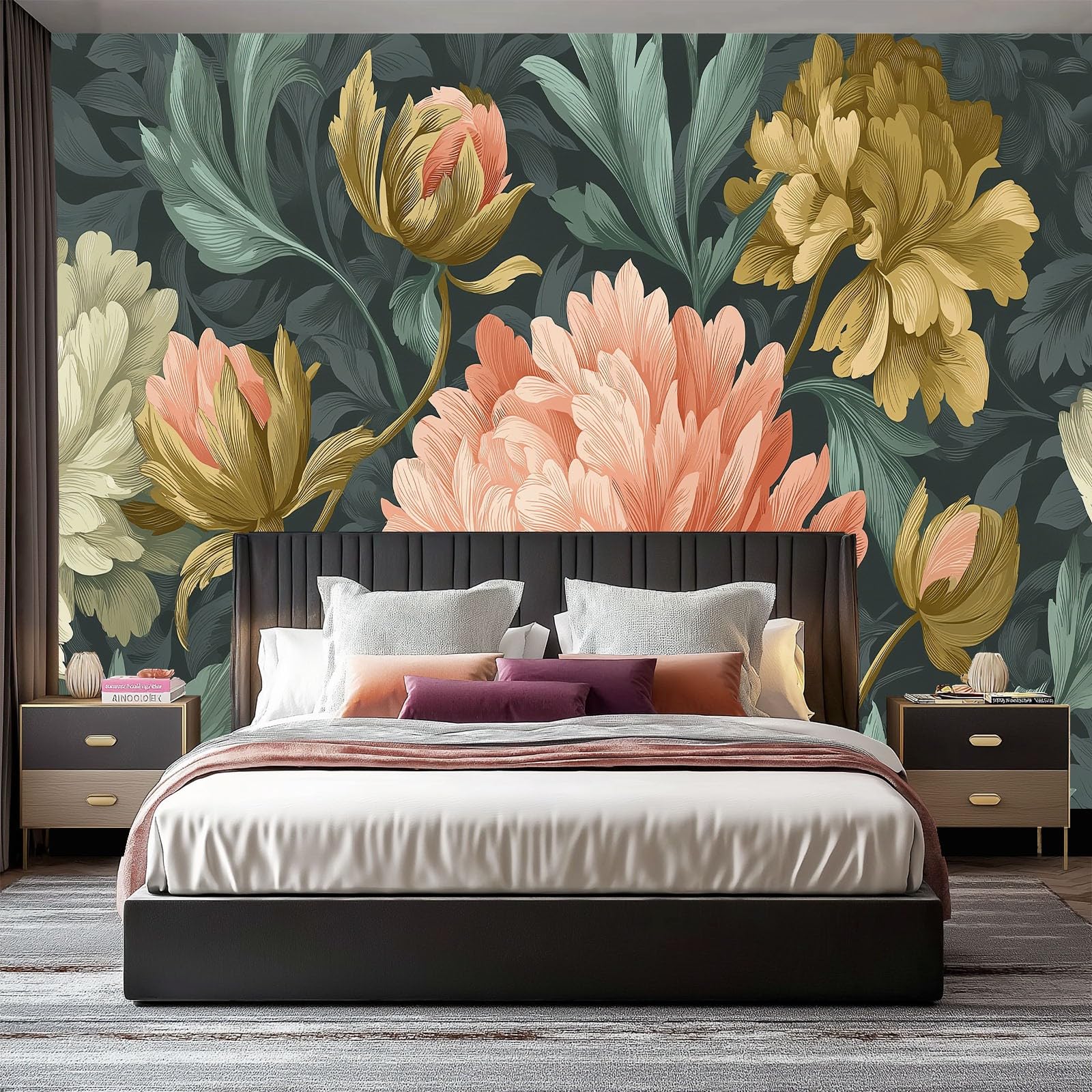 Mural ścienny tapeta vintage William Morris kwiatowa dekoracja ścienna do salonu sypialni, ciemnoszara włóknina mural do pokoju dziecięcego biura papier fotograficzny plakat 350 x 256 cm