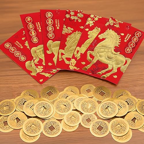 Miniatura 3 de ELLZK 36 sobres chinos rojos de la suerte, sobres de dinero de la suerte 2026, sobre pequeño y 50 piezas de monedas chinas de Feng Shui, moneda