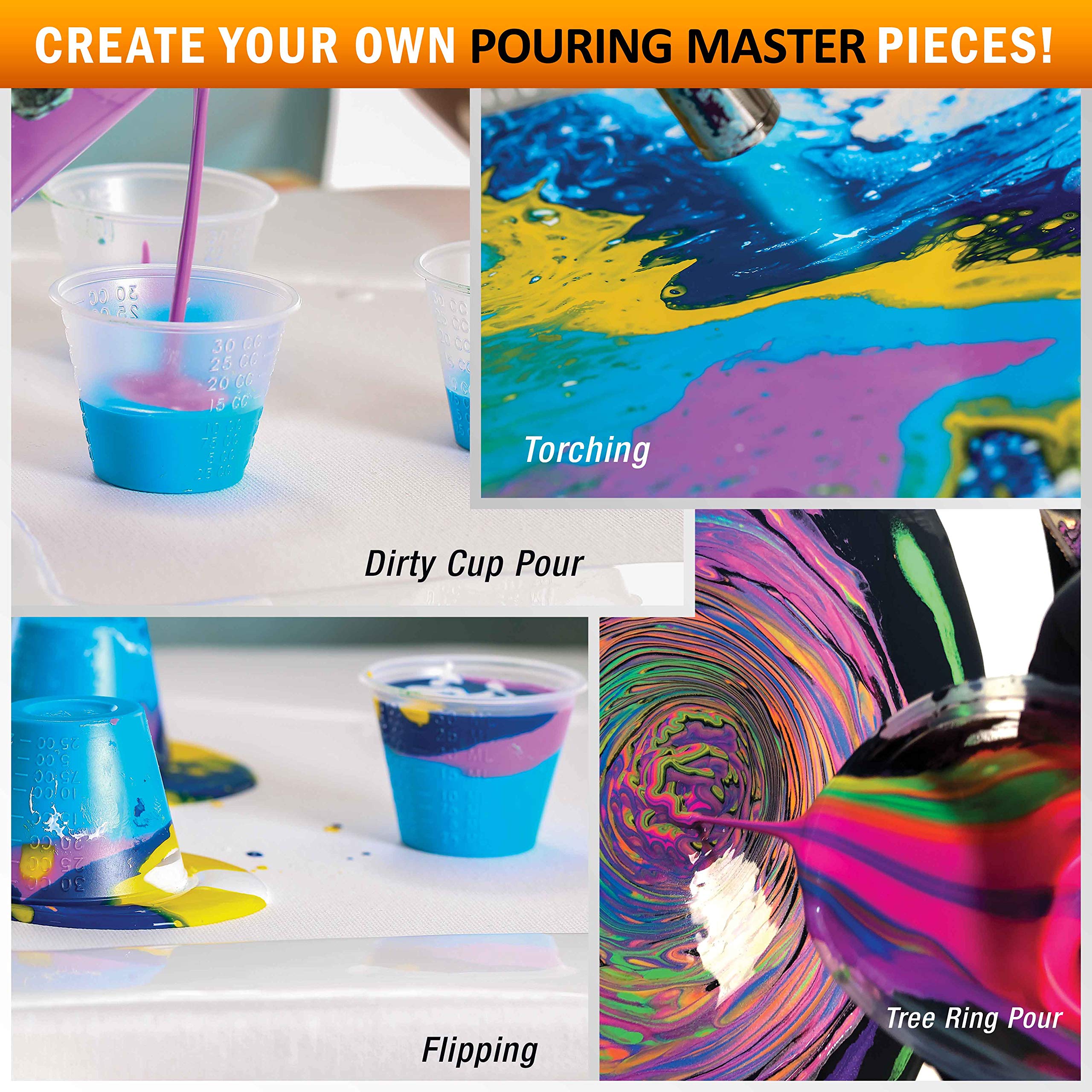 Pouring Masters 84-kolorowa gotowa do nalewania akrylowa farba do nalewania z olejem silikonowym i połyskiem średni - wstępnie wymieszane butelki o wysokim przepływie 60 ml - wszystkie metaliczne i stałe kolory na płótnie, drewno