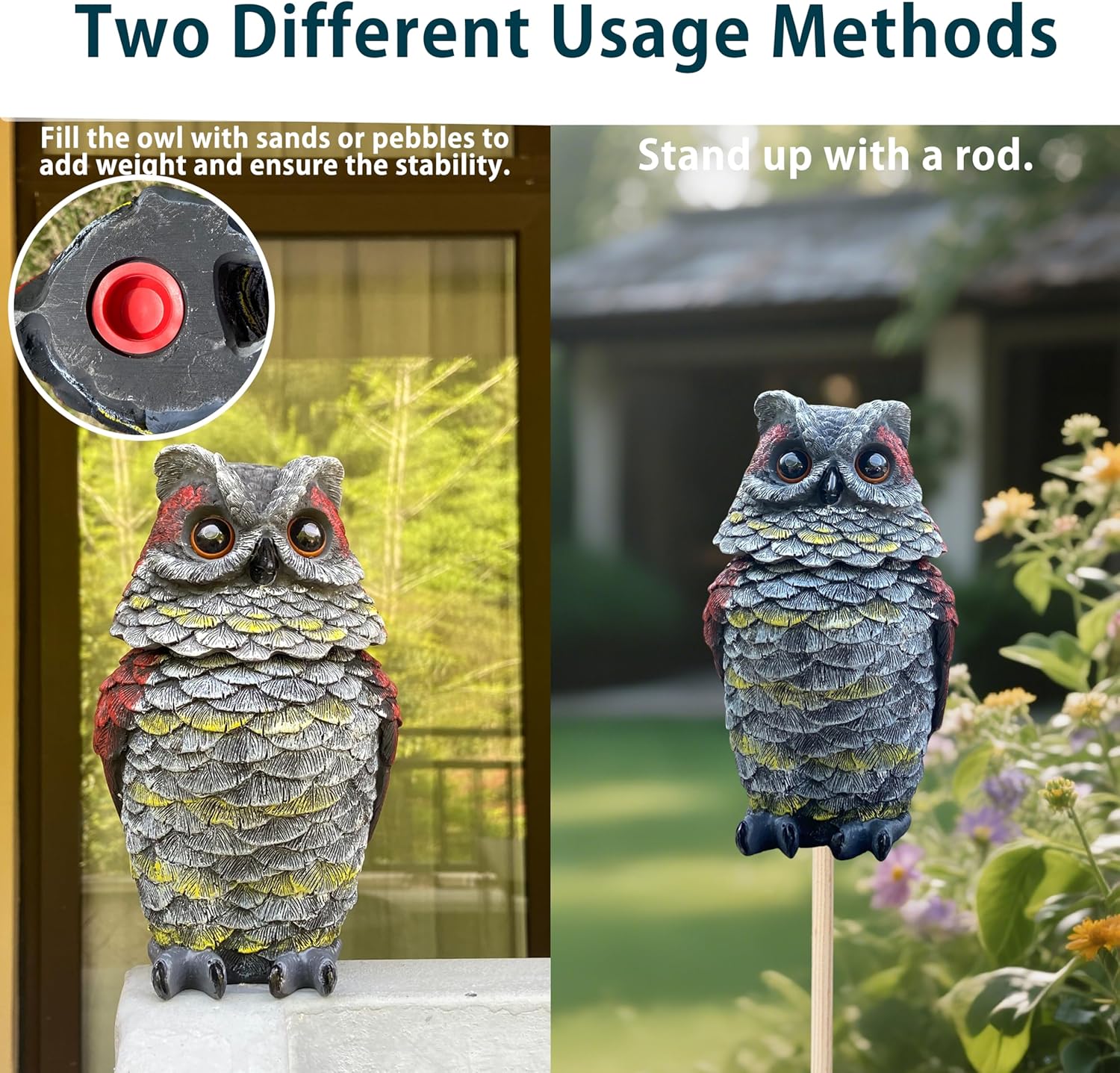 Owls to Keep Birds Away, Solar Owl Decoys to Scare Birds Away, Small Fake Owl for Bird Control, Resin Owls Outdoor Decor with Rotating Head and Lighted Eyes, Animal Deterrent for Outside, Garden - Image 3