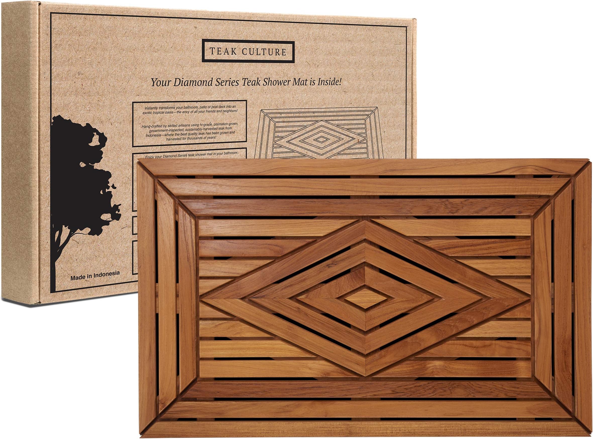 Teak Culture Designer Shower Mat Naturally Water-Resistant with Oil Finish Large 31.5 X 19.5 for Bathroom, Bath, Pool, Spa, Boat, Sauna, Patio, RV, Front Door from Our Diamond Collection