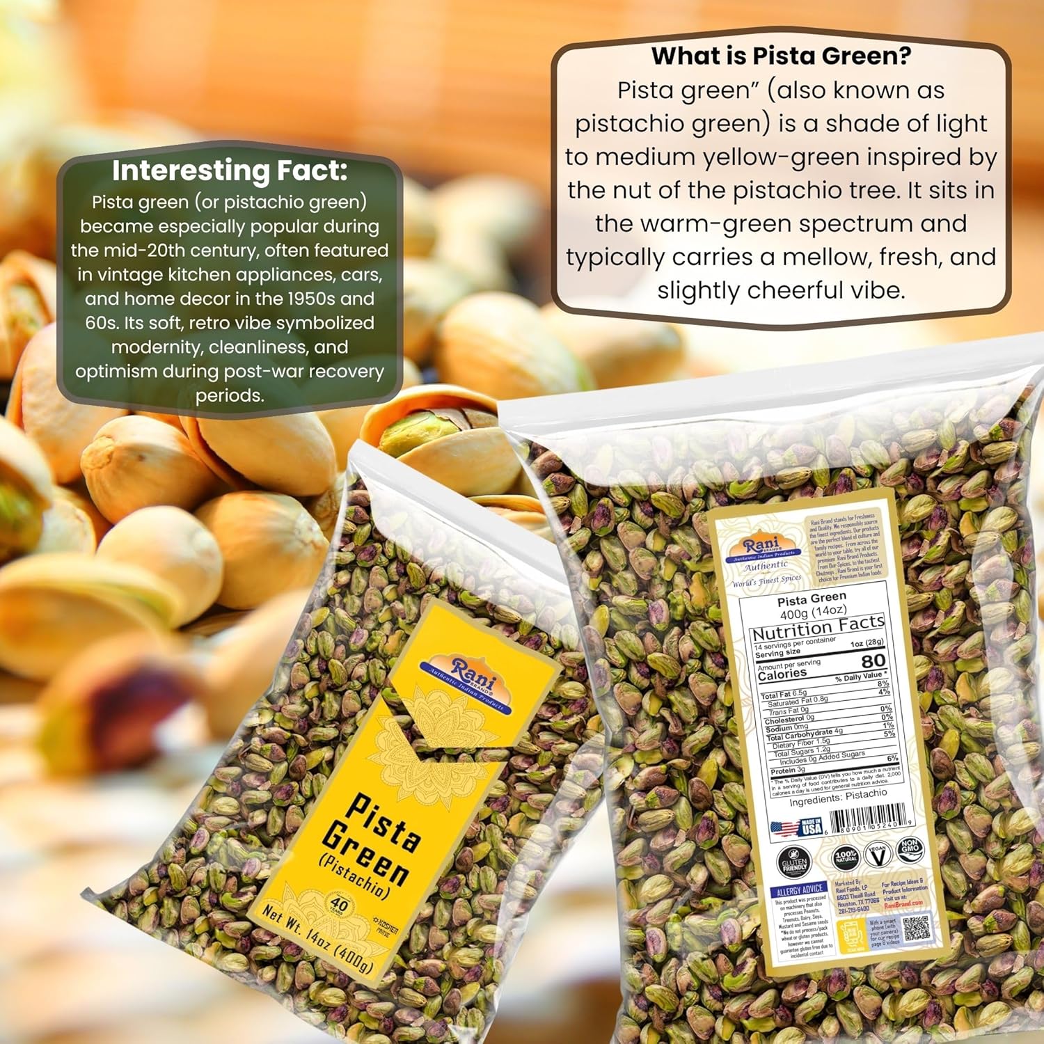 Rani Pista (Pistachio) Green 14oz (400g) ~ All Natural | Gluten Friendly | Vegan | NON-GMO | Kosher | No Salt or fillers | Indian Origin