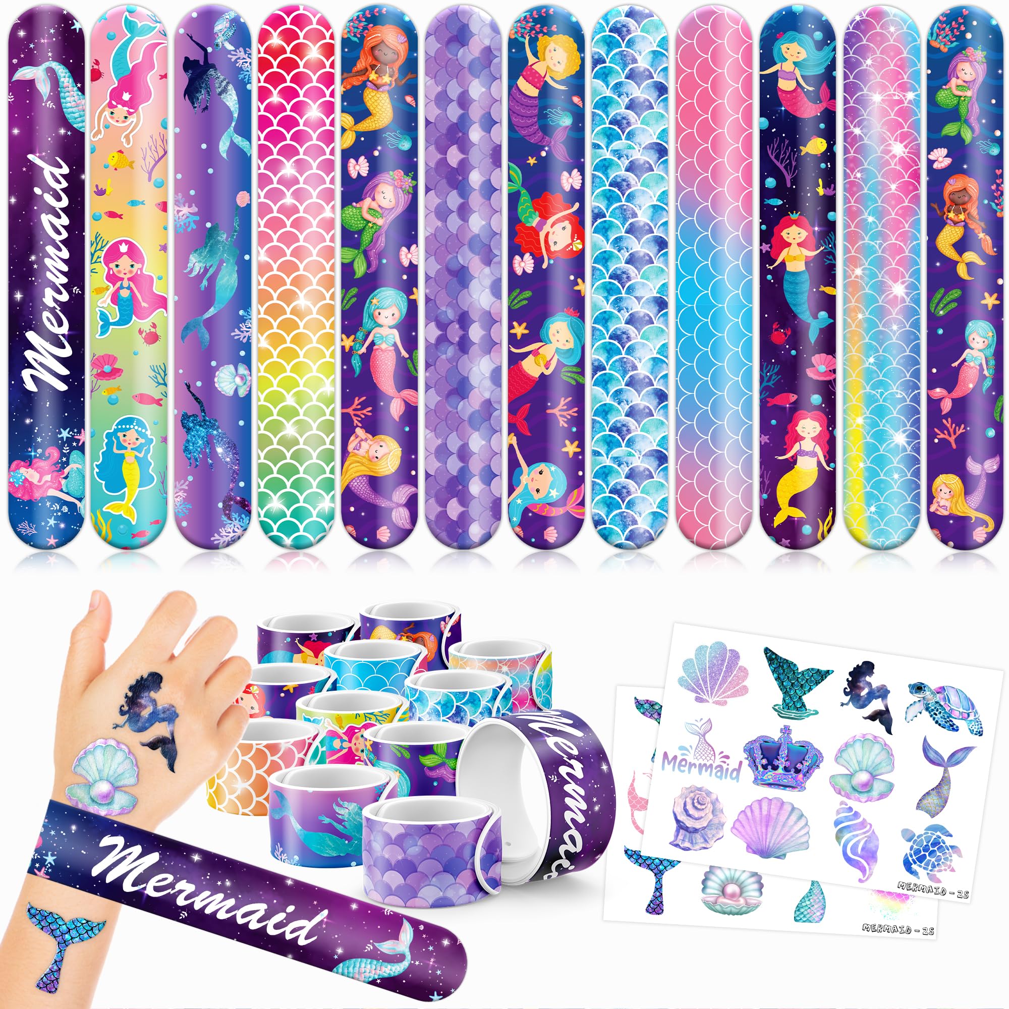 Generic 48PCS Mermaid Party Favors - 24PCS Tattoos & 24PCS Slap Bracelets - Undersea Birthday Supplies, Mermaid-Themed Decorations, Classroom Prizes, Gifts for Girls & Boys