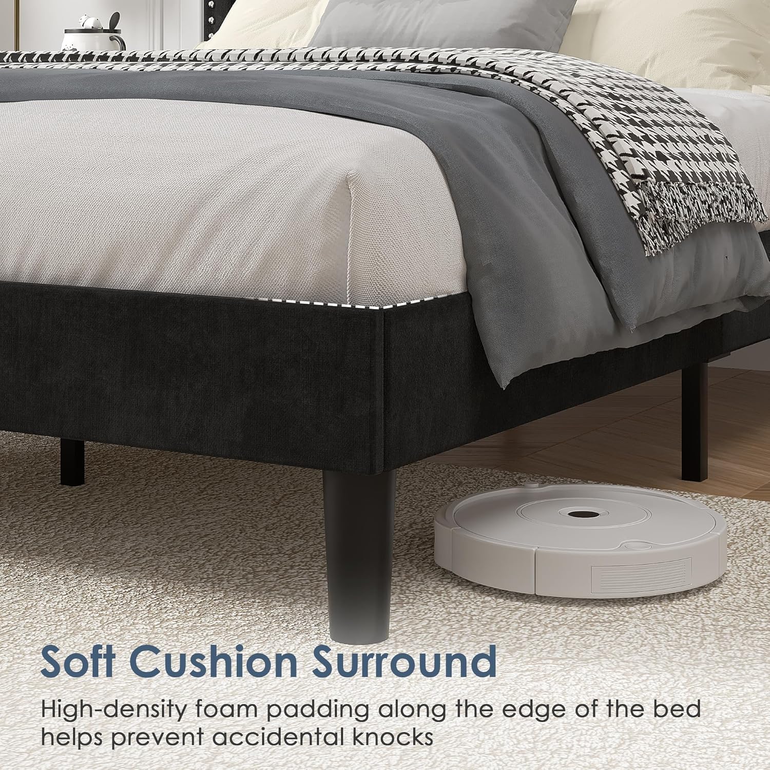 VECELO Twin Size Platform Bed Frame with Height Adjustable Upholstered Headboard, Modern Mattress Foundation,Strong Wood Slat Support, No Box Spring Needed, Easy Assembly,Black