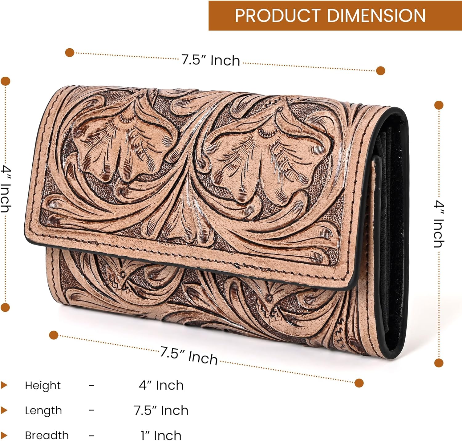 Merbaa Hantooled Leather Wallet RFID Blocking, Trifold Ladies Purse, Flower Handtooled and Carved long Clutch, 1 Back Zip pocket, Wallet For Women (Light brown) - Image 2
