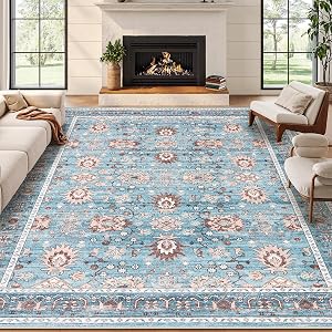 Garvee 9x12 Area Rug for Living Room, Washable Vintage Printed Soft Rugs, Non Slip Low Pile Carpet for Bedroom, Dining Room, Living Room, Blue