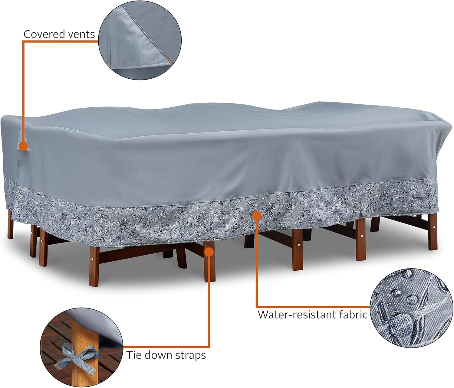 Classic Accessories for Vera Bradley Water-Resistant Rectangle/Oval Patio Table and Chair Set Cover, 108 x 82 x 23 Inch, Rain Forest Toile Gray