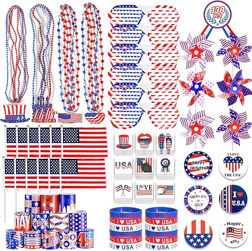 MGparty 126 piezas de suministros para fiestas del 4 de julio, decoraciones patrióticas para el Día de los Caídos, banderas de palo americano,