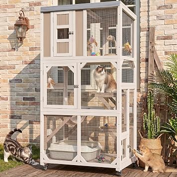 63.5" H Window Catio Outdoor Cat Enclosure with Wheels, Expandable Design | Removable Waterproof Roof, Cat Bed, Scratching Posts and Door or Tunnel Access for Multiple Cats on Patios and in Backyards