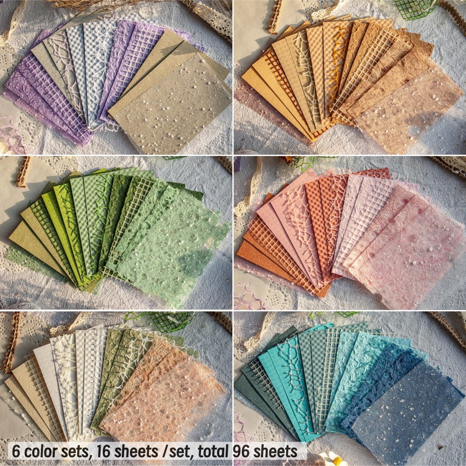 96 szt. teksturowanego papieru do scrapbookingu i tkaniny siatkowej, 6 opakowań mieszanych dekoracyjnych papieru rzemieślniczego do scrapbookingu, kul, śmieci, dziennika, decoupage, kolażu