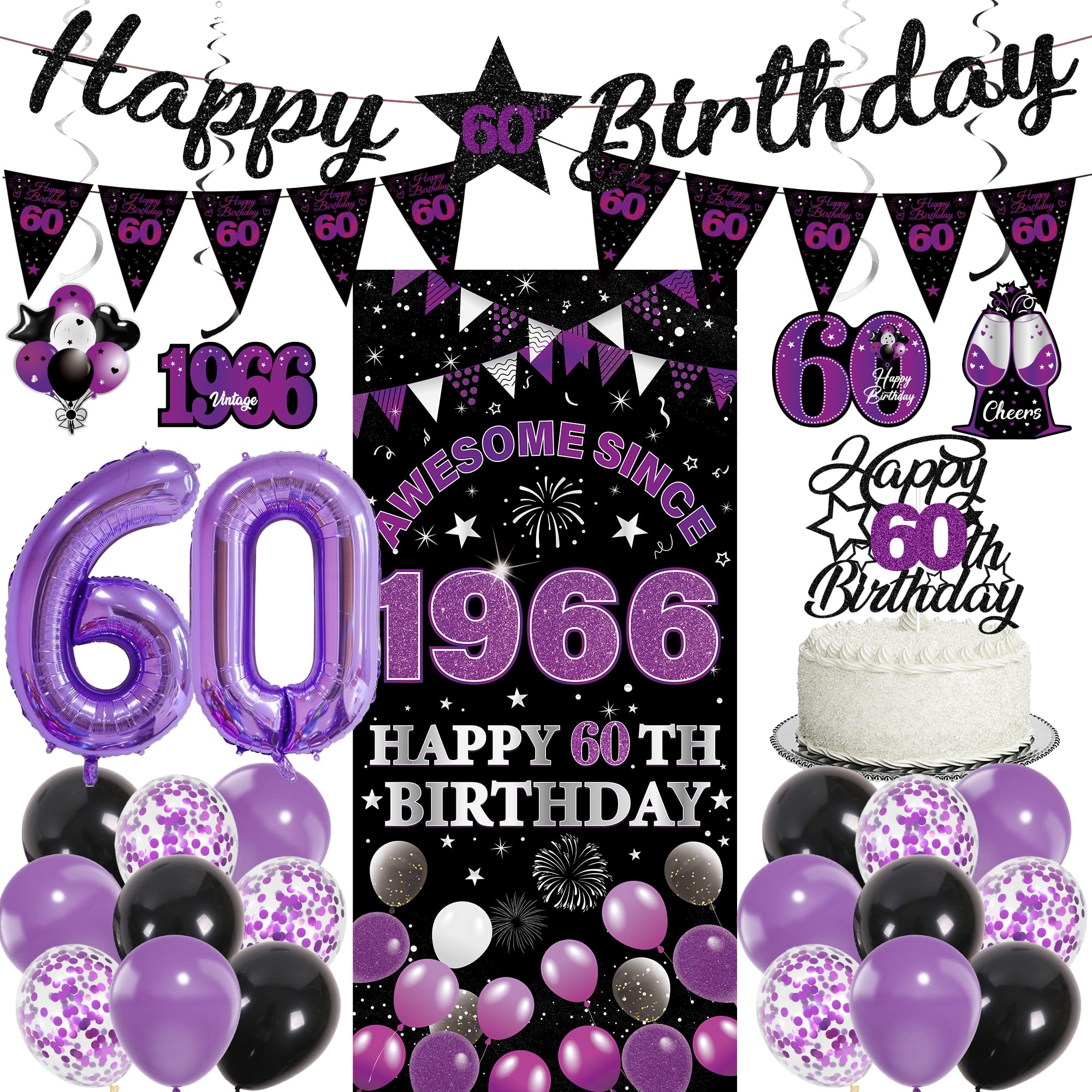 60th Birthday Decorations Women Kit - 27 Pcs Black Purple Happy 60th Birthday Banner Triangular Flag Hanging Swirls Backdrop Cake Topper 60 Balloon Set for 60 Years Old Party Decoration Supplies