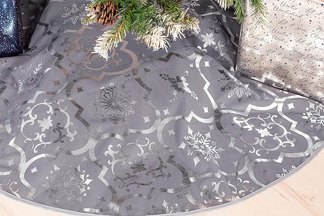 Christmas Village Tree Skirt Base Cover Mat perfect for Xmas, Parties, Holidays, Home Decor, Christmas Decorations, with Snowflake Design (Grey/Silver)