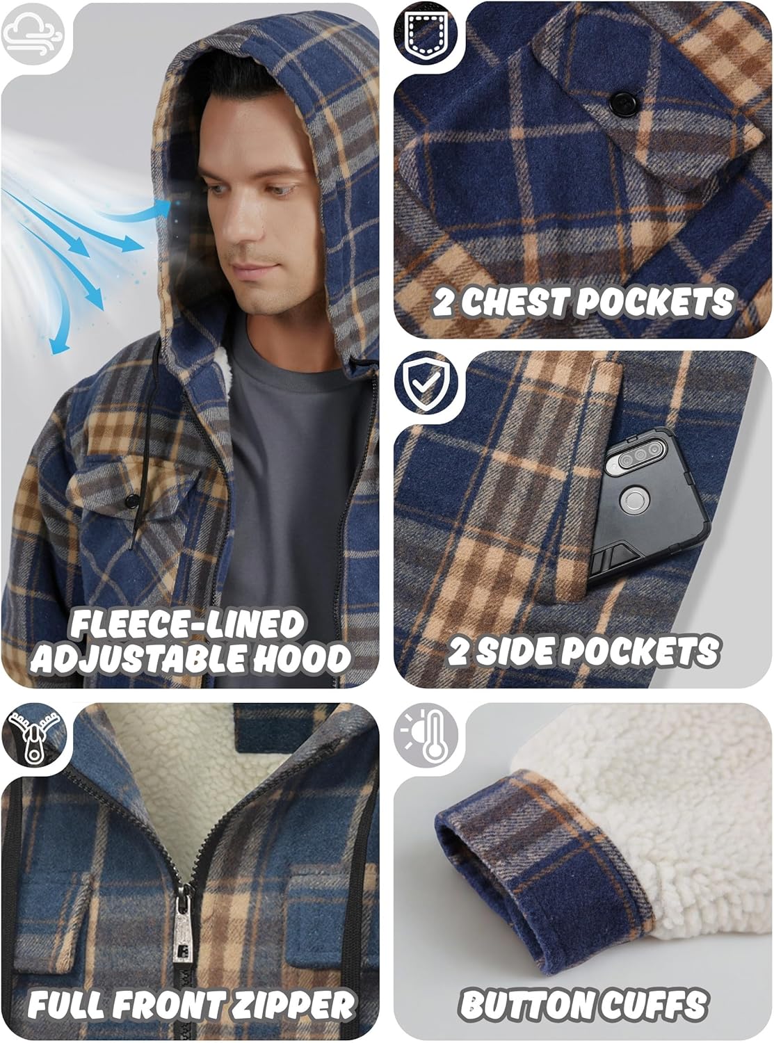 Mens Flannel Hoodie Jacket Fleece Lined Flannel Shirt Plaid Zip Up Sherpa Hooded Sweatshirt Warm Winter Coat - Image 4