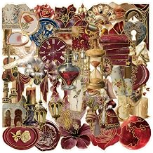 50PCS Vintage Red Gold Stickers for Scrapbooking, Aesthetic Retro Victorian Floral Clock Decals for Journaling, Waterproof Vinyl Stickers for Laptop Water Bottle DIY Crafts Supplies Planner Decor