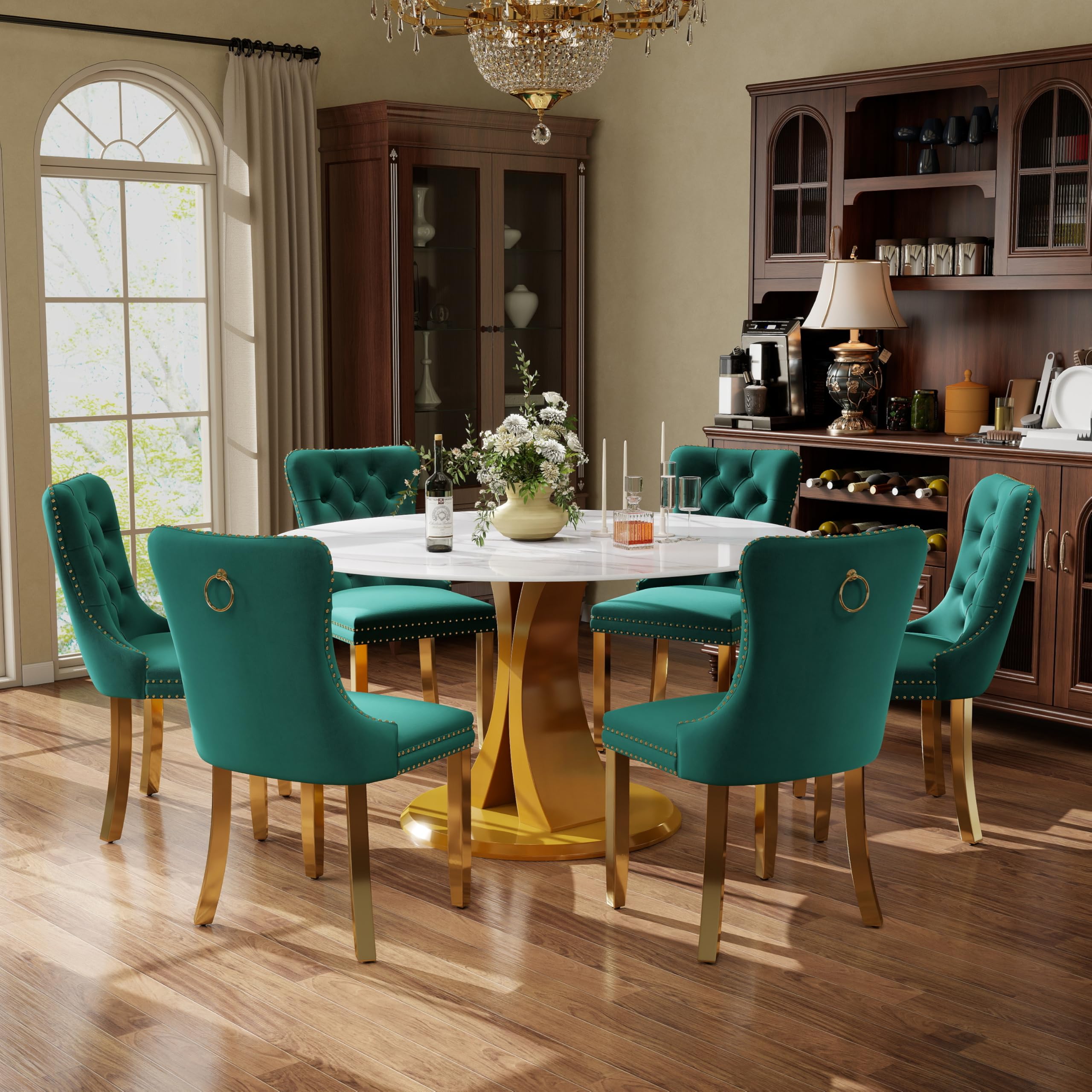 7-Piece Dining Table Set with 47In Faux Marble Table and 6 Velvet Upholstered Chairs, Modern Scandinavian Furniture for Dining Room Kitchen(Green&amp;Gold)