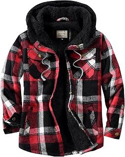 Shawnda Mens Hooded Sherpa Button Down Flannel Shirt Jacket | Warm plaid flannel jacket with full sherpa lining. Drawstring hood, snap front, multi pockets for cold weather daily wear. ﻿