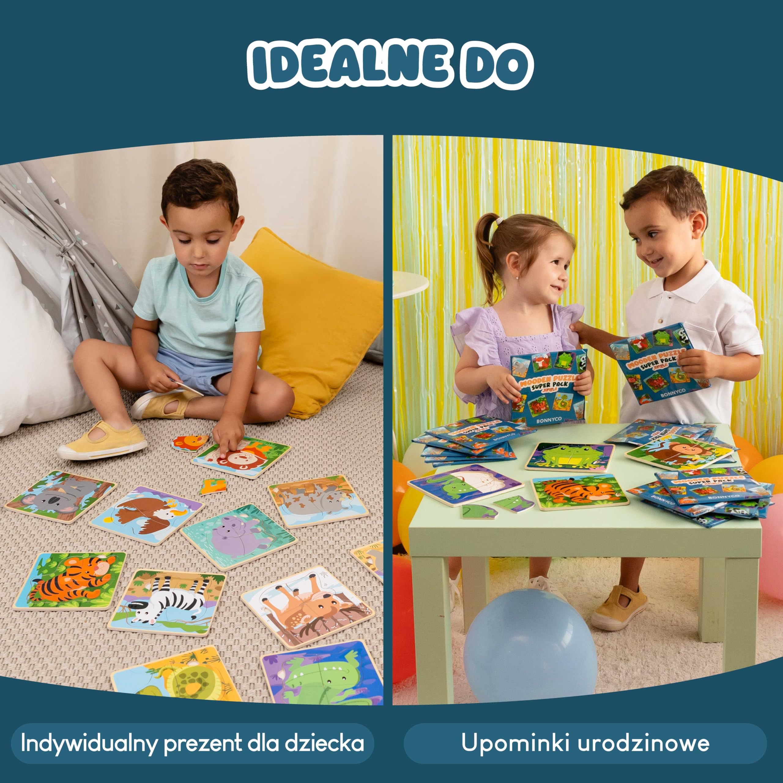 BONNYCO Zestaw 4 Drewnianych Puzzli - 16 Upominków do Toreb na Przyjęcia dla Dzieci w Wieku od 1 do 5 lat. Pomysły na Prezenty Urodzinowe Zabawki Maluchów Nagrody Klasowe Niemowląt