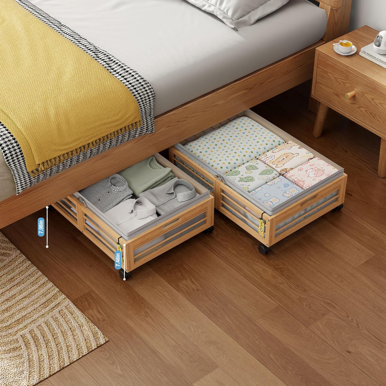 Under Bed Storage Containers with Wheels, Larger Bamboo Wood Under Furniture Storage Containers with Dust Bags，Rolling for Shoes Clothes
