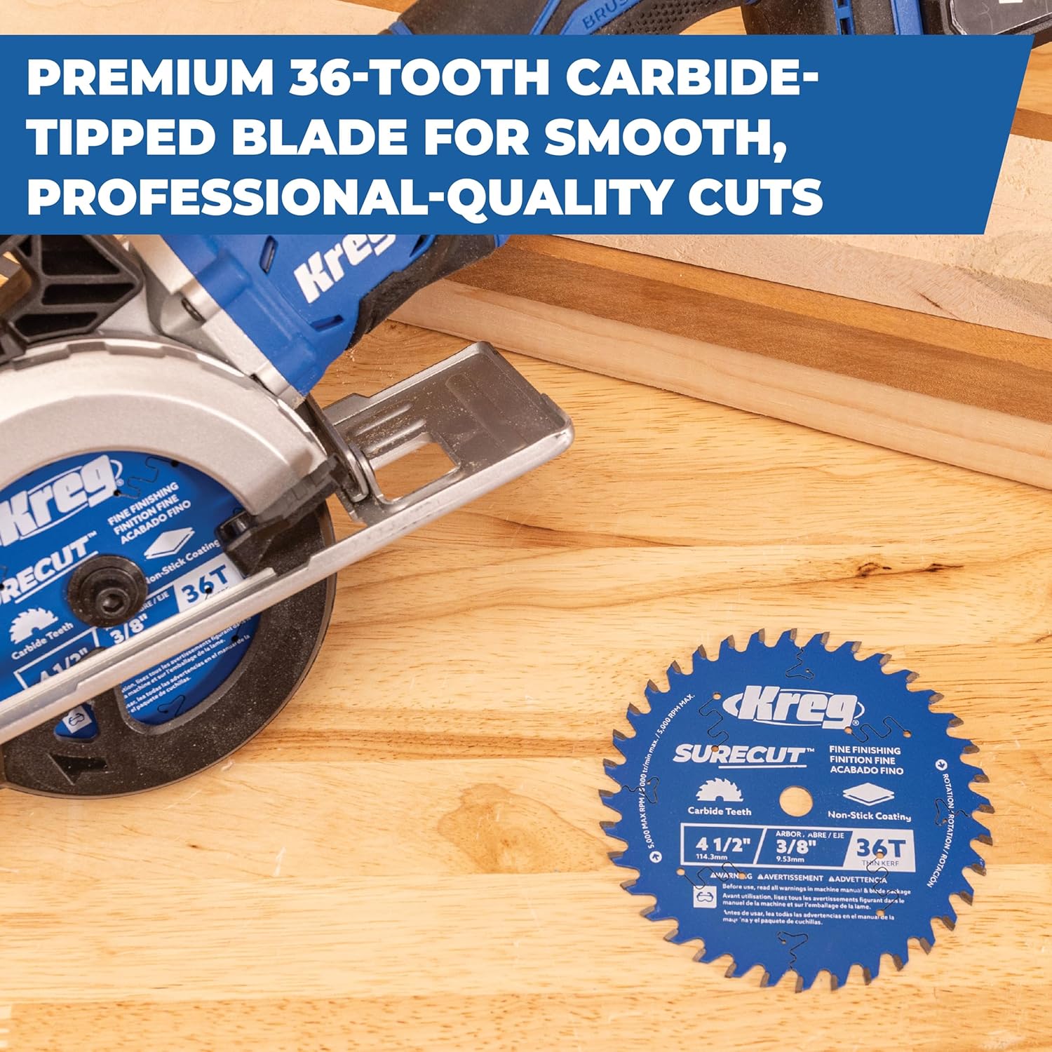 Kreg 4 1/2" SureCut Fine Finishing 36-Tooth Saw Blade - Universal Fit for Everyday Use - Cordless Compatible & Carbide-Tipped - PTFE Coated & Anti-Vibration Relief - KSB45FF36 (4 Pack)