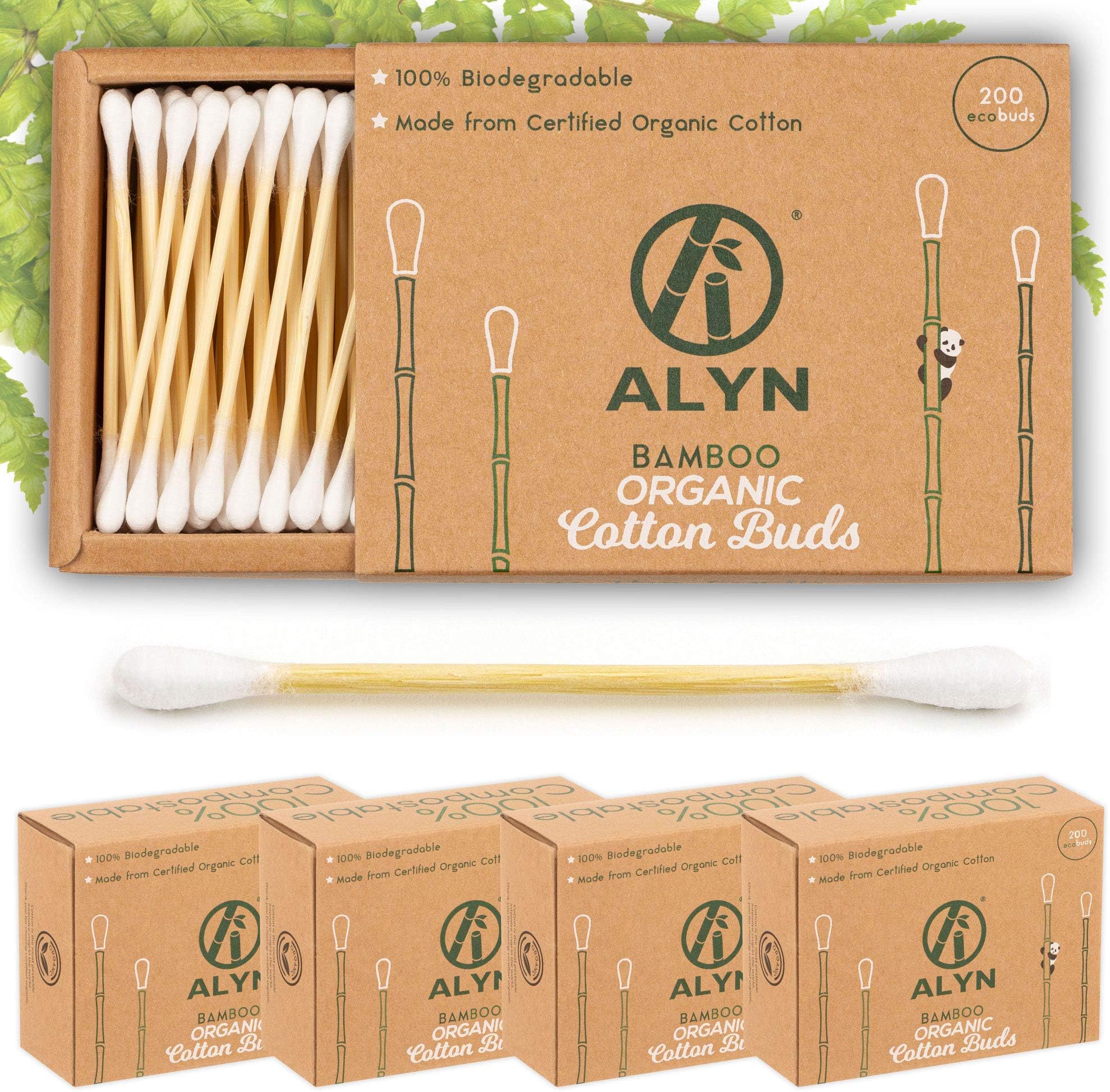 Alyn Bamboo Cotton Buds | Pack of 4 (800 Pieces) | Organic GOTS Certified Wool | 100% Biodegradable Wooden Ear Swabs | Sustainable & Vegan Qtips | Plastic Free Environmentally Clean Packaging