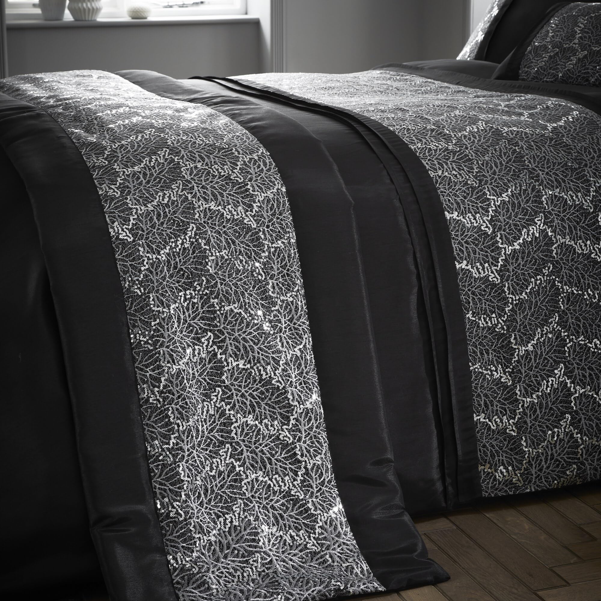 Portfolio Home Rouen Embellished Sequins Black Rectangular 50 x 220cm Quilted Bed Runner Bedding Decor