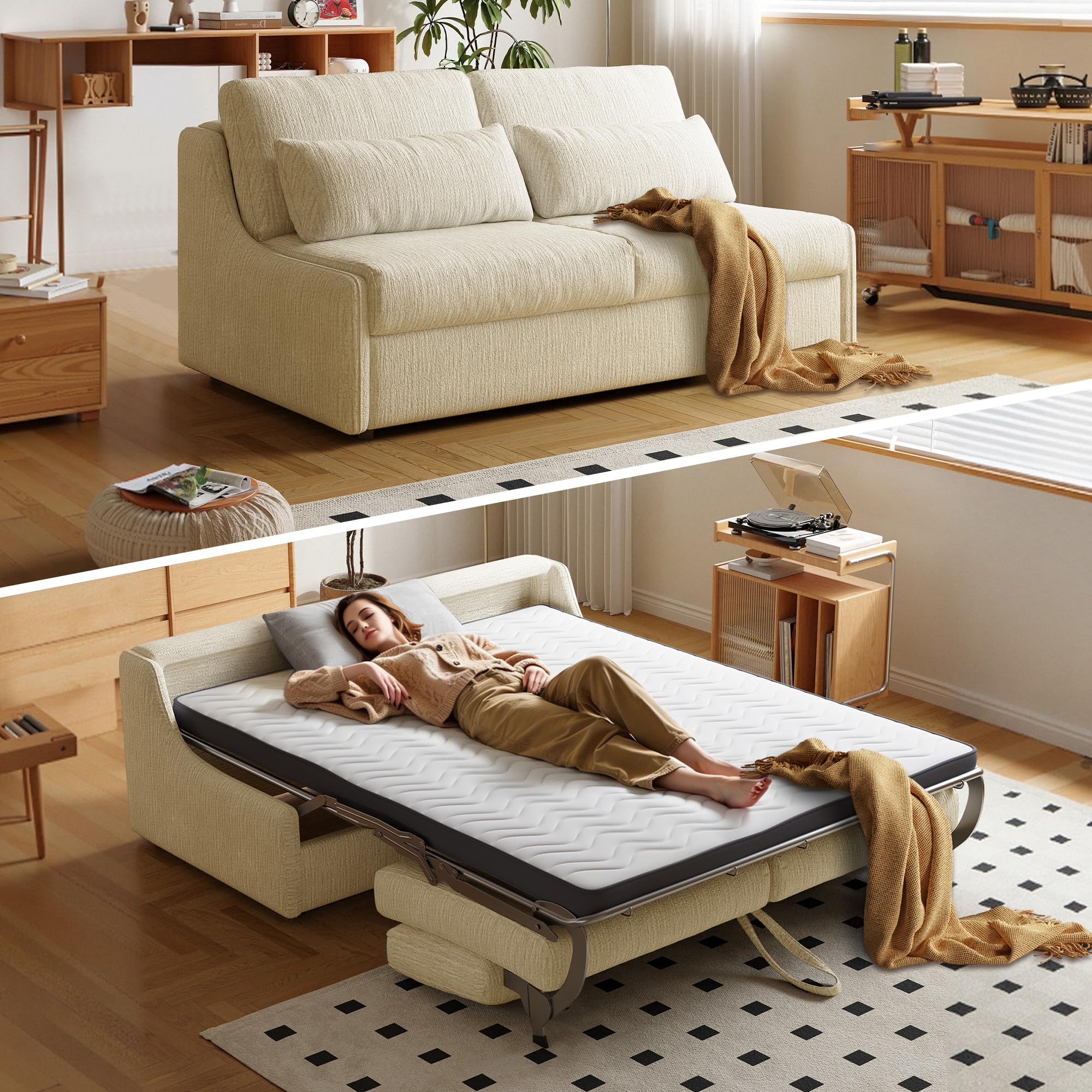 pull out convertible sleeper sofa bed with 5 inch mattress, oversized murphy sofa bed, plush chenille upholstery for small spaces,apartment,office,rv(beige, 70.87")