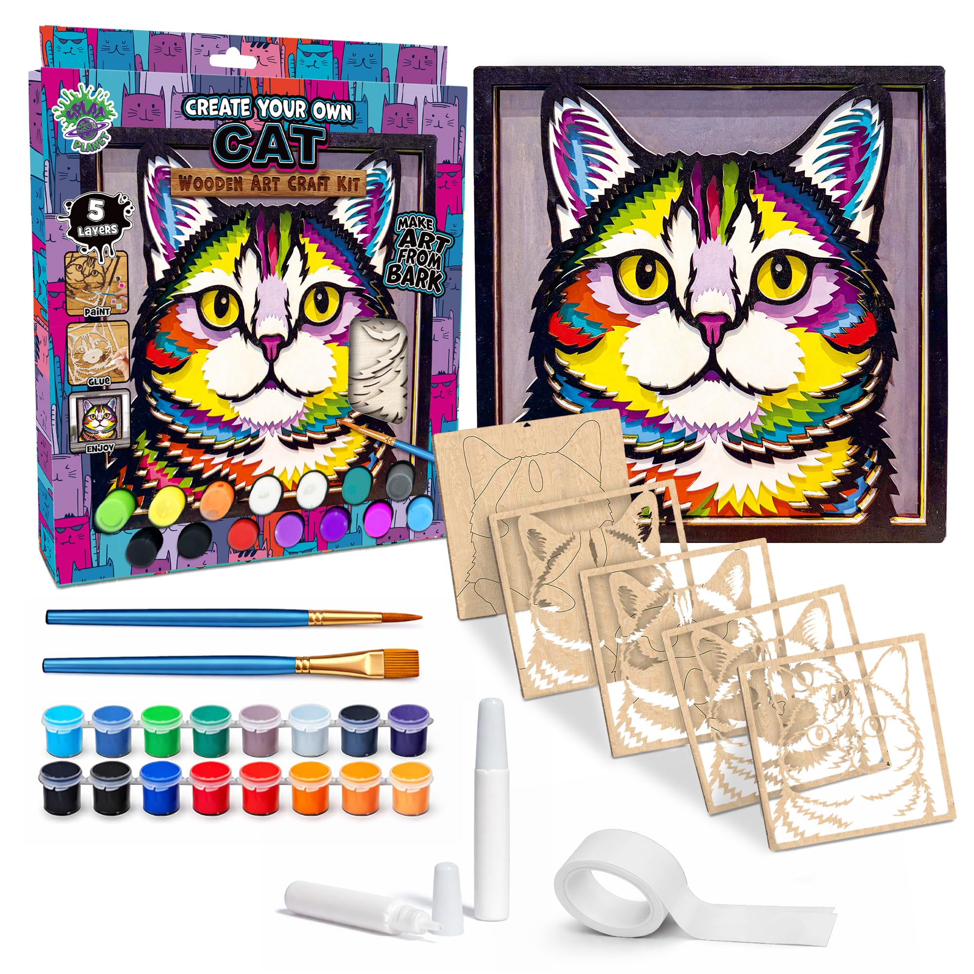 Splat Planet - Cat 3D Wooden Art Kit – Paint Your Own 3D Layered Wood Wall Art for Kids & Adults, DIY 3D Art Cat Wood Painting Kit Wooden Art and Craft Gift Set, 25 x 25cm (10 x 10 inches)