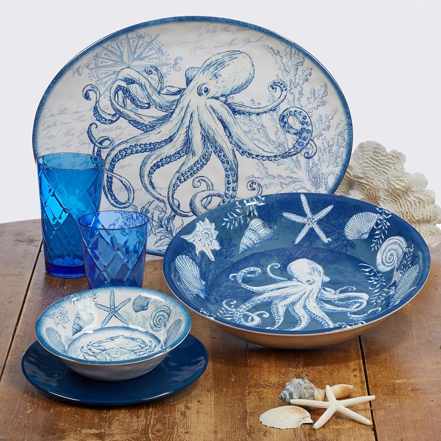 Misc Oceanic 7.5-inch Melamine All Purpose Bowl (Set of 6) Blue White Animal Modern Contemporary Round 6 Piece Dishwasher Safe