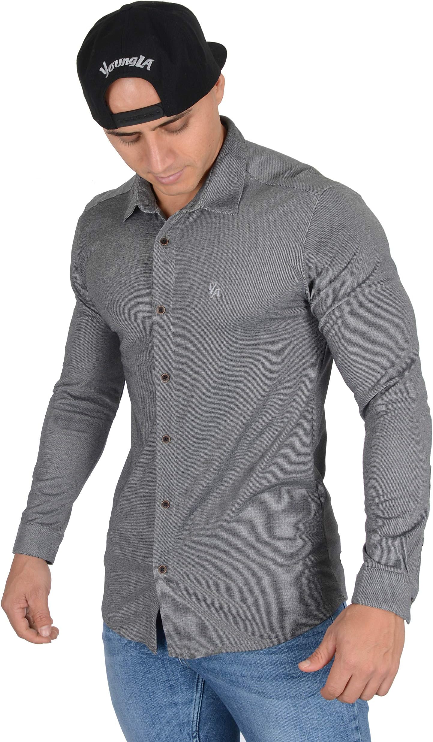 YoungLA Menโs Slim FIt Dress Shirts | Button Up Long Sleeves | Athletic Fitted | Formal Long Sleeves for Work and Casual 415 Heather Black S