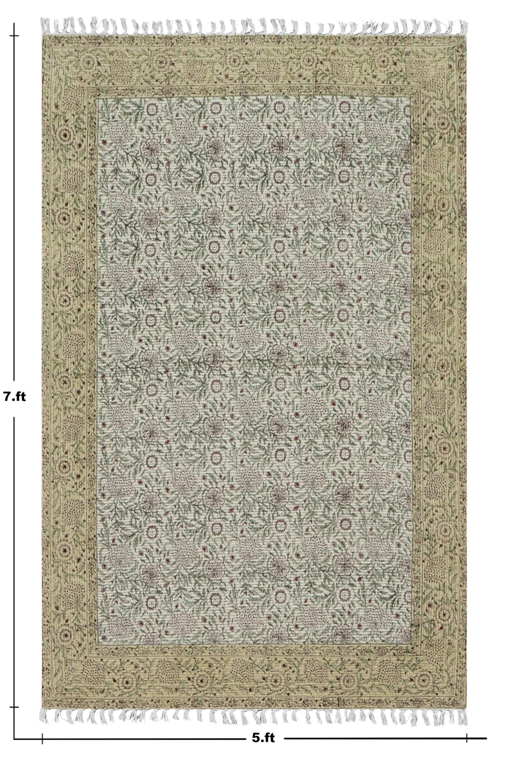 Kelim-Teppich aus Baumwolle, handbedruckt, 3 m, quadratisch, waschbar, 0,5 cm, Handwäsche, Flachgewebe, Braun und Beige, Blumenmuster, für drinnen und draußen, für Küche, Yoga