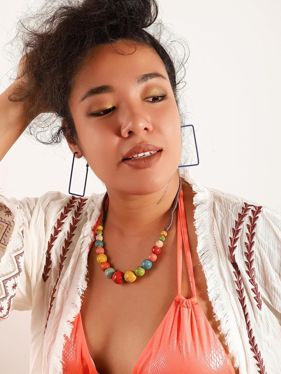 MINACHI Hippie Boho Colorful Ceramic Round Beads Strand Necklace, Bohemian Fashion Statement Jewelry Gift for Women - Image 7