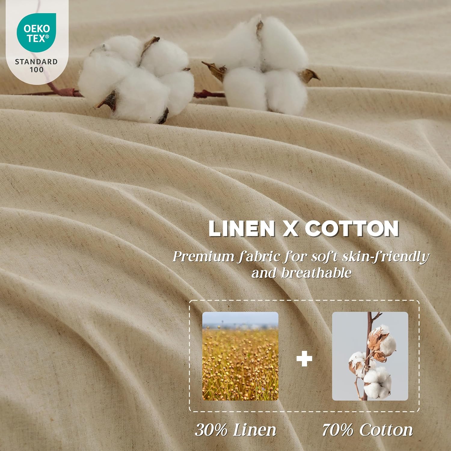 Simple&Opulence French Linen Sheet Set King Size, 4 Pcs Natural Flax Cotton Blend Bed Sheets 1 Flat Sheet, 1 Fitted Sheet and 2 Pillowcases, Farmhouse Sheets with Lace Hemstitch(King, Linen) - Image 3