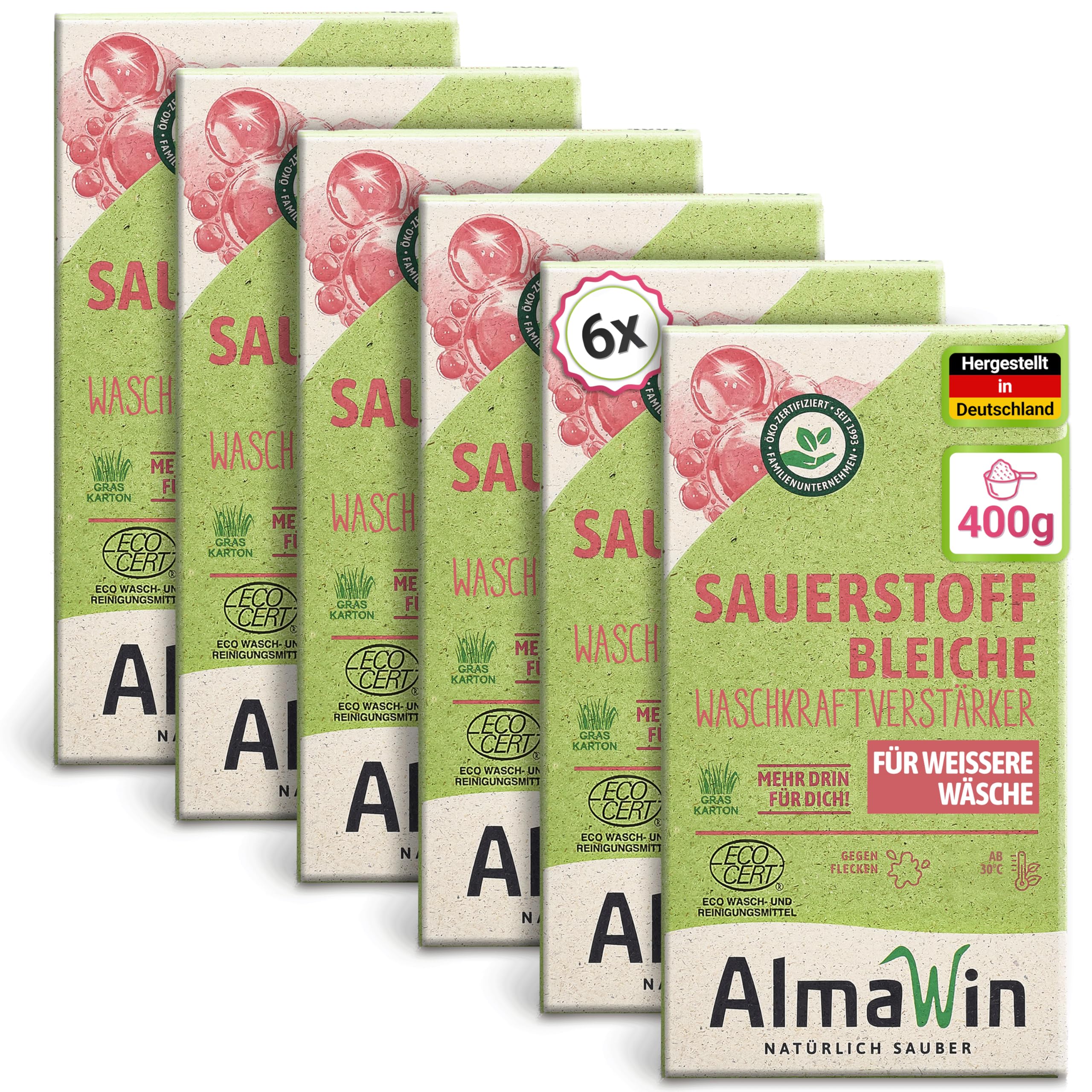 AlmaWin® Sauerstoffbleiche Pulver [6x 400g] für strahlend weiße Wäsche ab 30°C, gegen Gerüche & Verfärbungen - Aktivsauerstoff Bleichmittel für Abfluss, Spül- & Waschmaschine