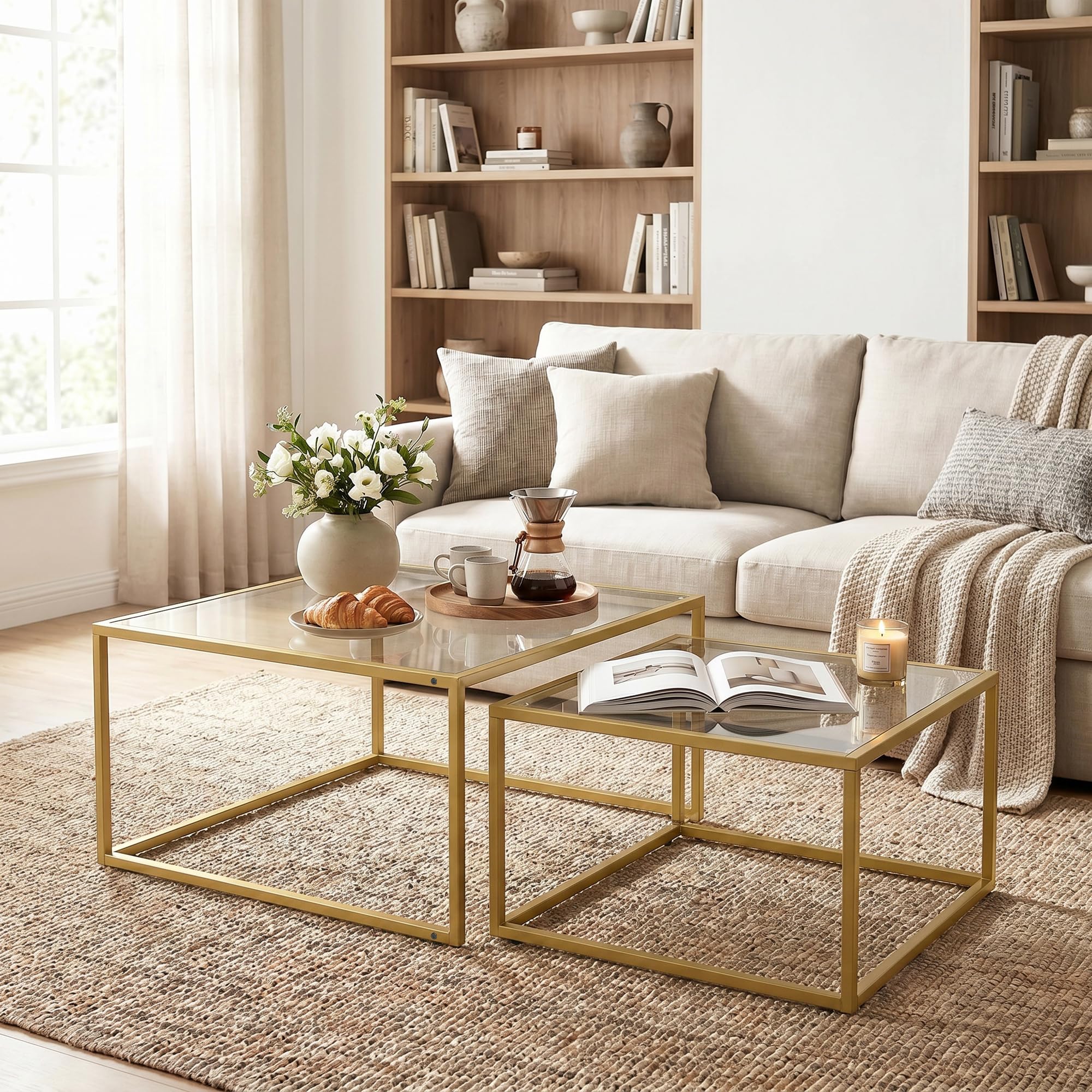 HOMCOM Set de 2 Mesas de Centro Cuadradas Modernas 75x75x42cm Dorado | Mesas Nido, Tablero de Vidrio Templado, Estructura Metálica, Ahorra Espacio, para Salón, Dormitorio u Oficina