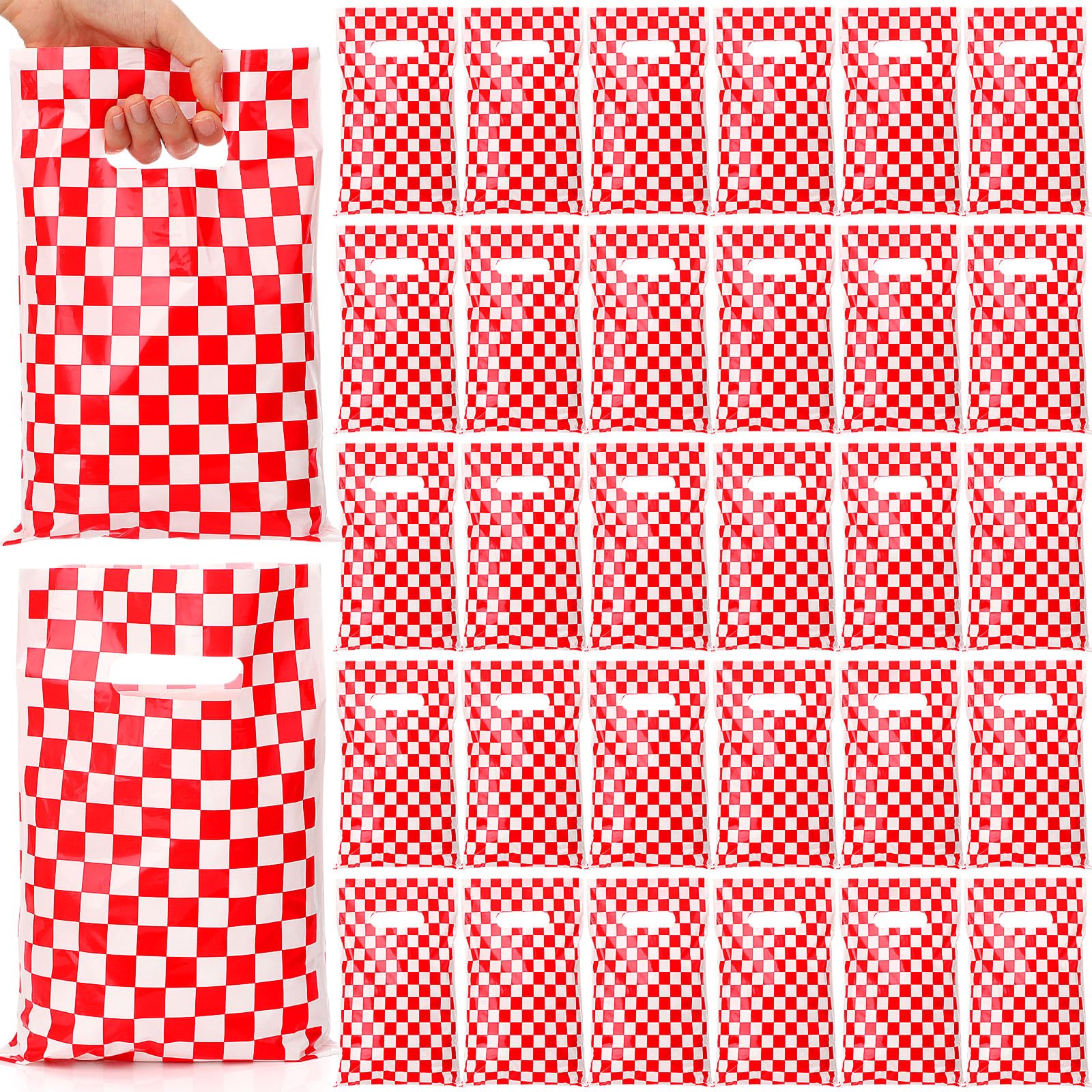 Thenshop 100 Pcs Race Car Goodie Gift Bags Racing Treat Plastic Gift Red White Checkered Print Party Favors Snacks Goodie Bags Bulk Race Themed