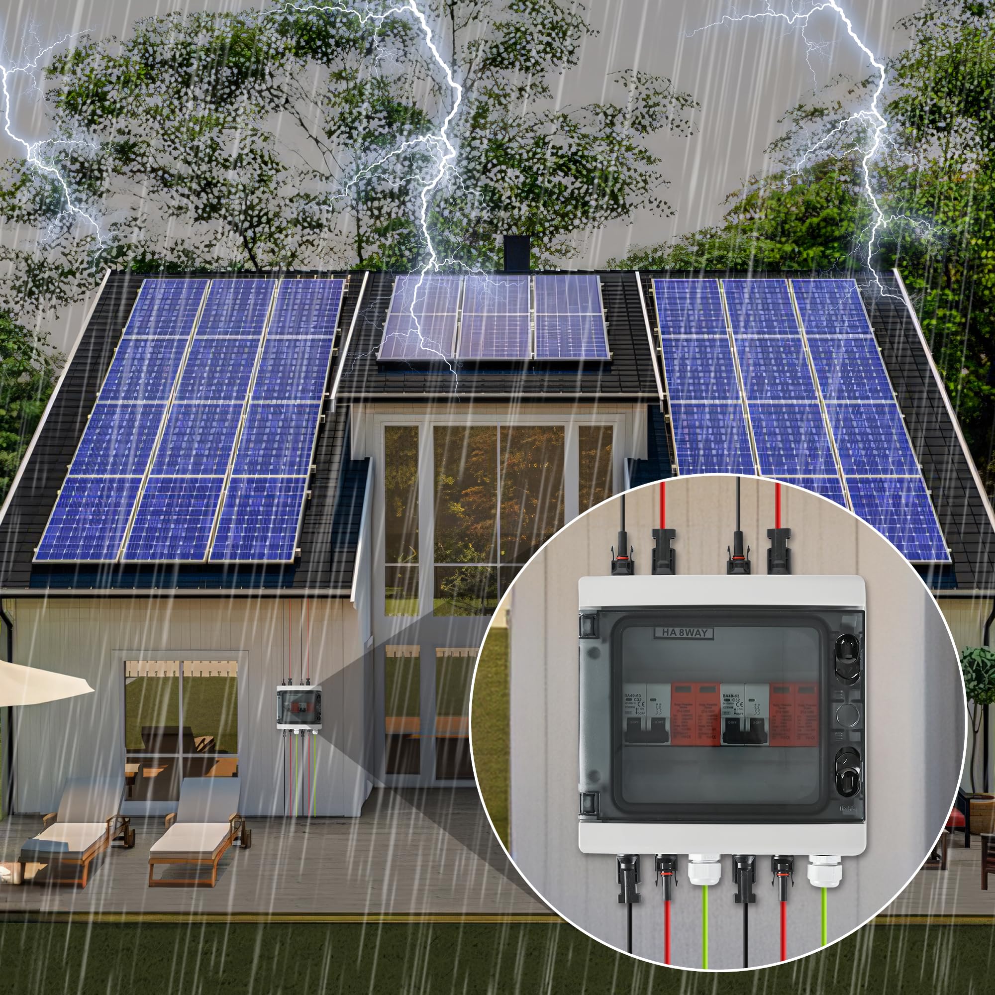 Warmfay Überspannungsschutz PV DC1000V Blitzschutz Leitungsschutzschalter 32A DC Trennschalter PV Anlage 2 String, IP65 Wasserdicht & UV-Beständig Solar Anschlusskasten 2 in 2 out