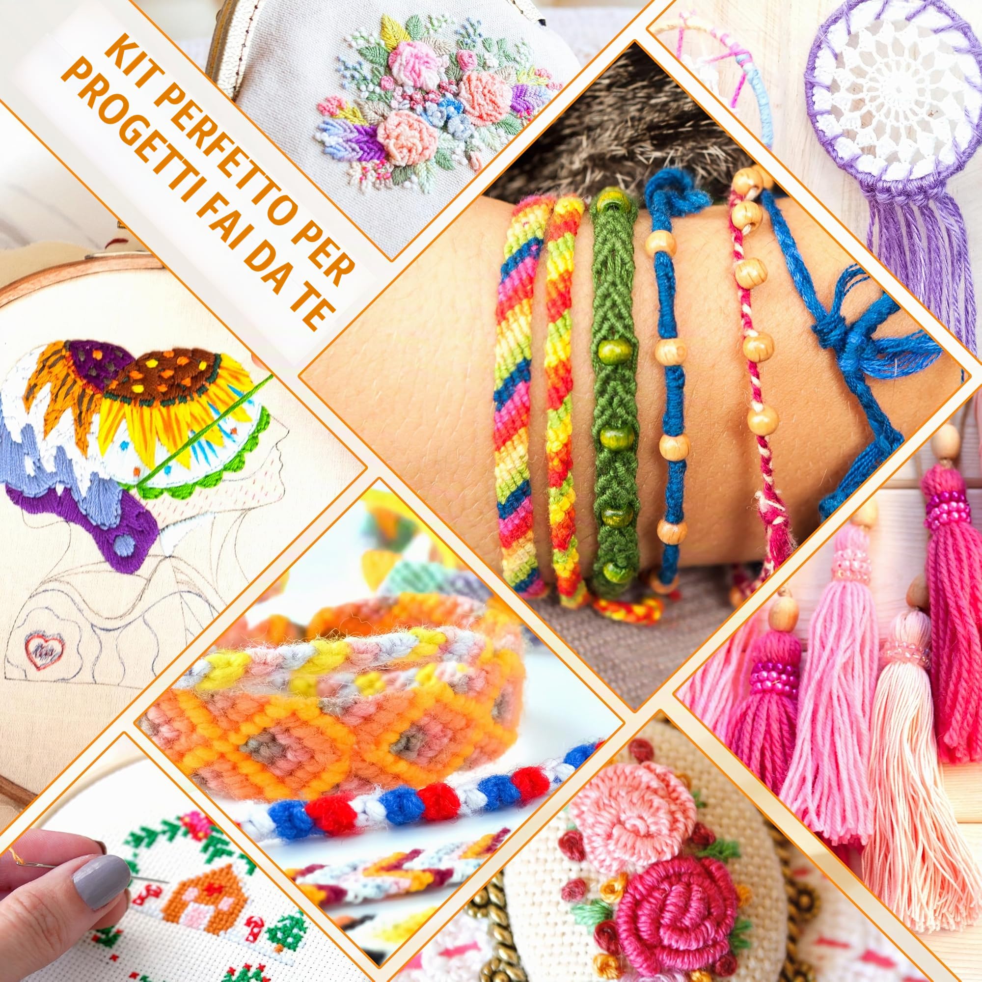 Set di 238 fili da ricamo composto da 200 colori da 8 m per punto croce, filo da cucito con cestini e 38 attrezzi per punto croce, scatola trasparente a 4 ripiani per riporre oggetti