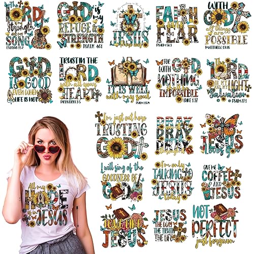 Christian Iron on Patches - 20 Sheets Sunflower Bible Verse DTF Ready to Press Heat Transfers Vinyl Design Religious Stickers Decals for T Shirts Clothes Clothing Hoodies Applique DIY Crafts