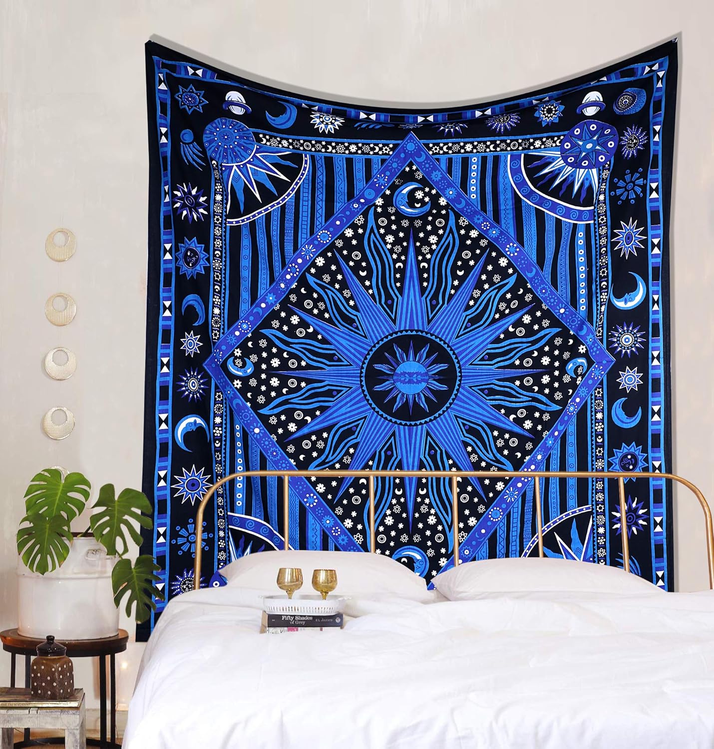 THE ART BOX Aesthetic Room Decor Bedroom Wall Decor Trippy Tapestry Indie Aesthetic Sun Moon Wall Decor Hippie tie dye Tablecloth Psychedelic Bedspread, 100% Cotton, Blue , 215x230 Cms : Home & Kitchen