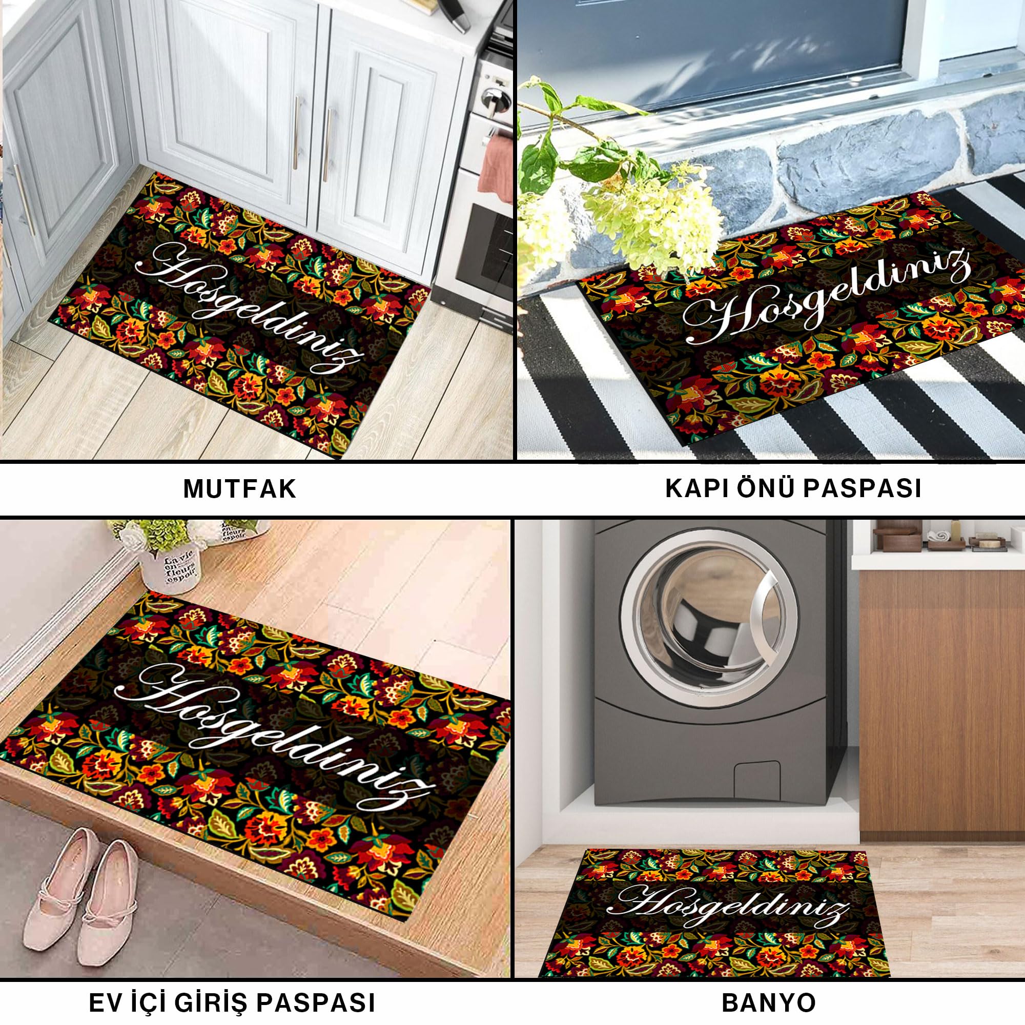 Monnhein Kapı Önü Paspası - Modern ve Şık Kapı Paspası | Ev, Ofis ve Dış Mekân Kullanımı İçin (Çiçek Bahçesi Hoşgeldiniz) 45x65