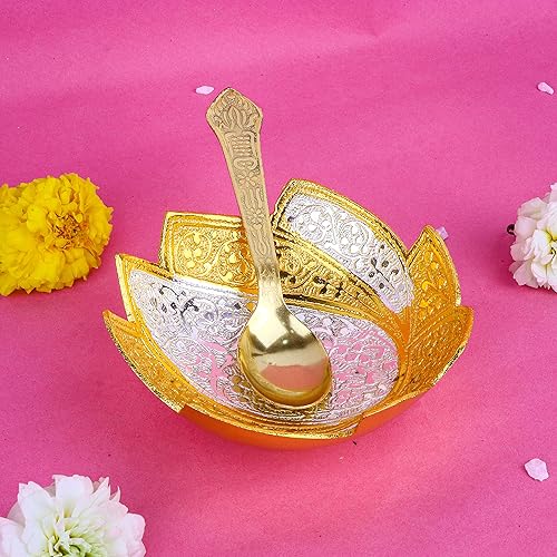 Miniatura 2 de SATVIK - Juego de 1 tazón de fuente para servir en relieve con diseño de flores de loto bañadas en oro y plata, con cuchara, para Navidad,