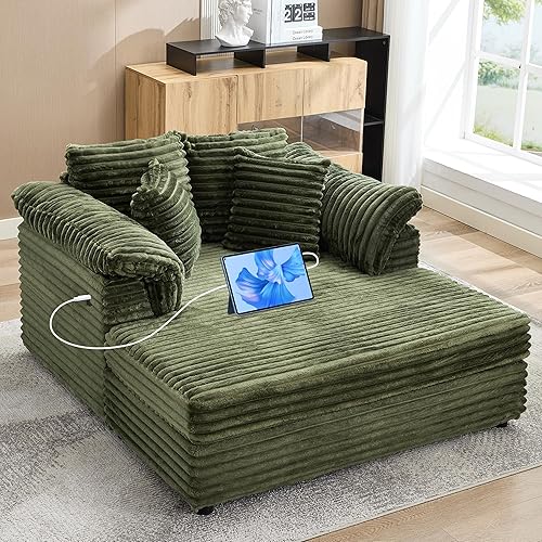 59" Oversized Chaise Lounge Chair Indoor, Comfy Corduroy Cloud Sleeper Couch with USB & Type-C Ports, Deep Seat Big Sofa Recliner Bed with Throw Pillows & Armrests for Living Room, Bedroom, Green