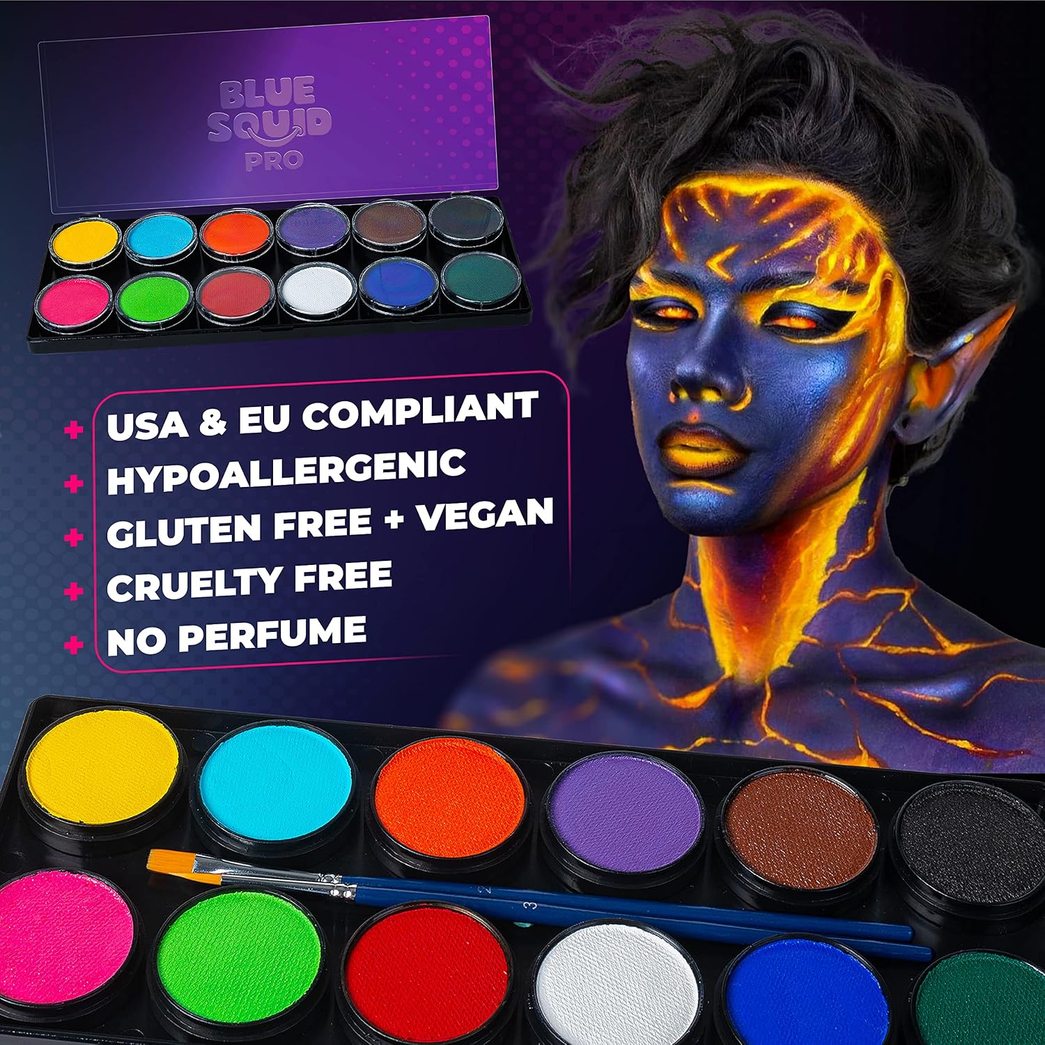 Professional Face Paint Kit - by Blue Squid PRO, 12x10g Classic Color Palette, 𝗡𝗘𝗪 Professional Face & Body Painting Supplies SFX, Adult & Kids, Superior Safe Paint for Sensitive Skin Halloween