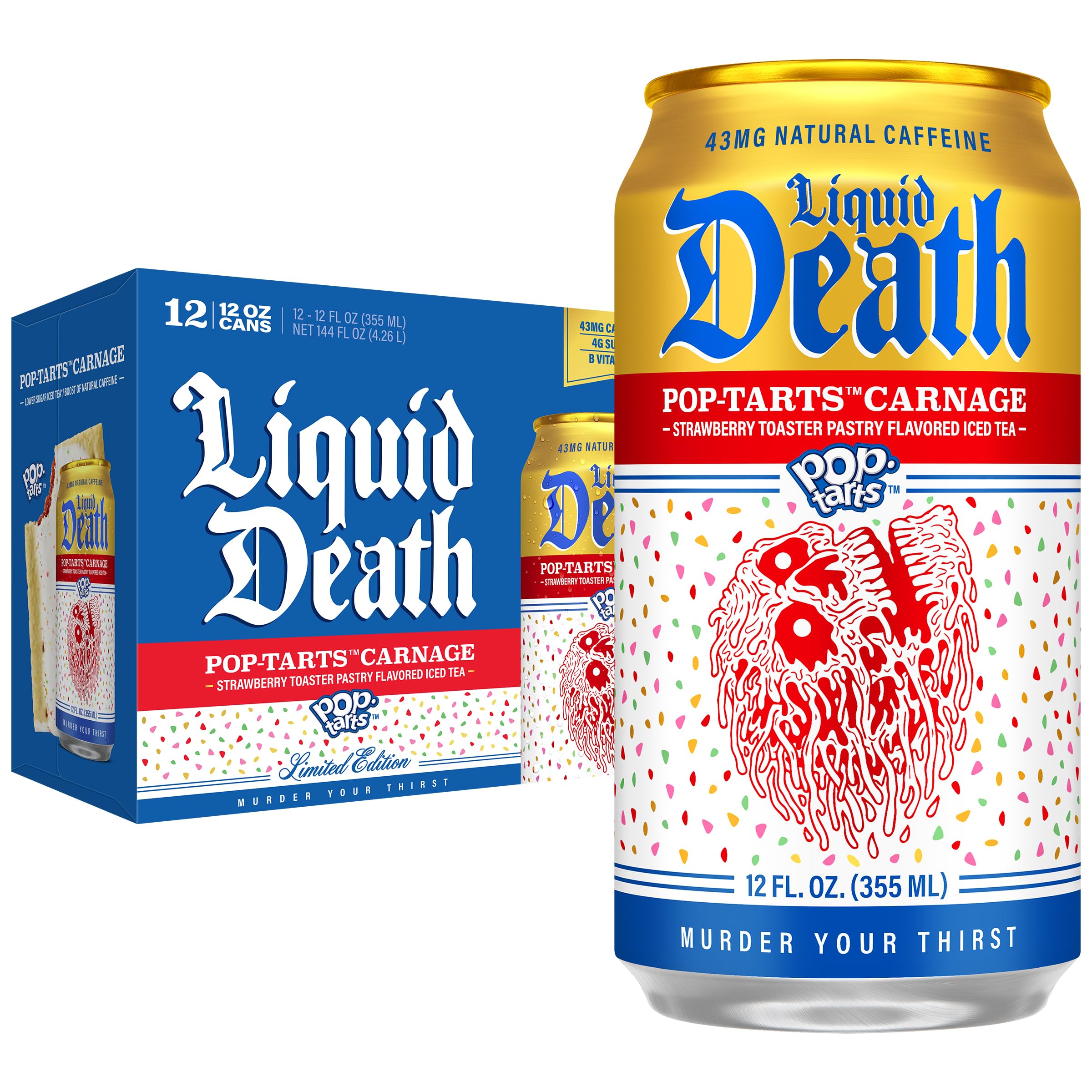 Liquid Death Iced Tea, Pop-Tarts™ Carnage (Pop-Tarts® Frosted Strawberry Toaster Pastry Flavored Black Tea), Less Sugar*, Boost of Caffeine, B Vitamins, No Artificial Sweeteners, 12 Fl Oz (Pack of 12)
