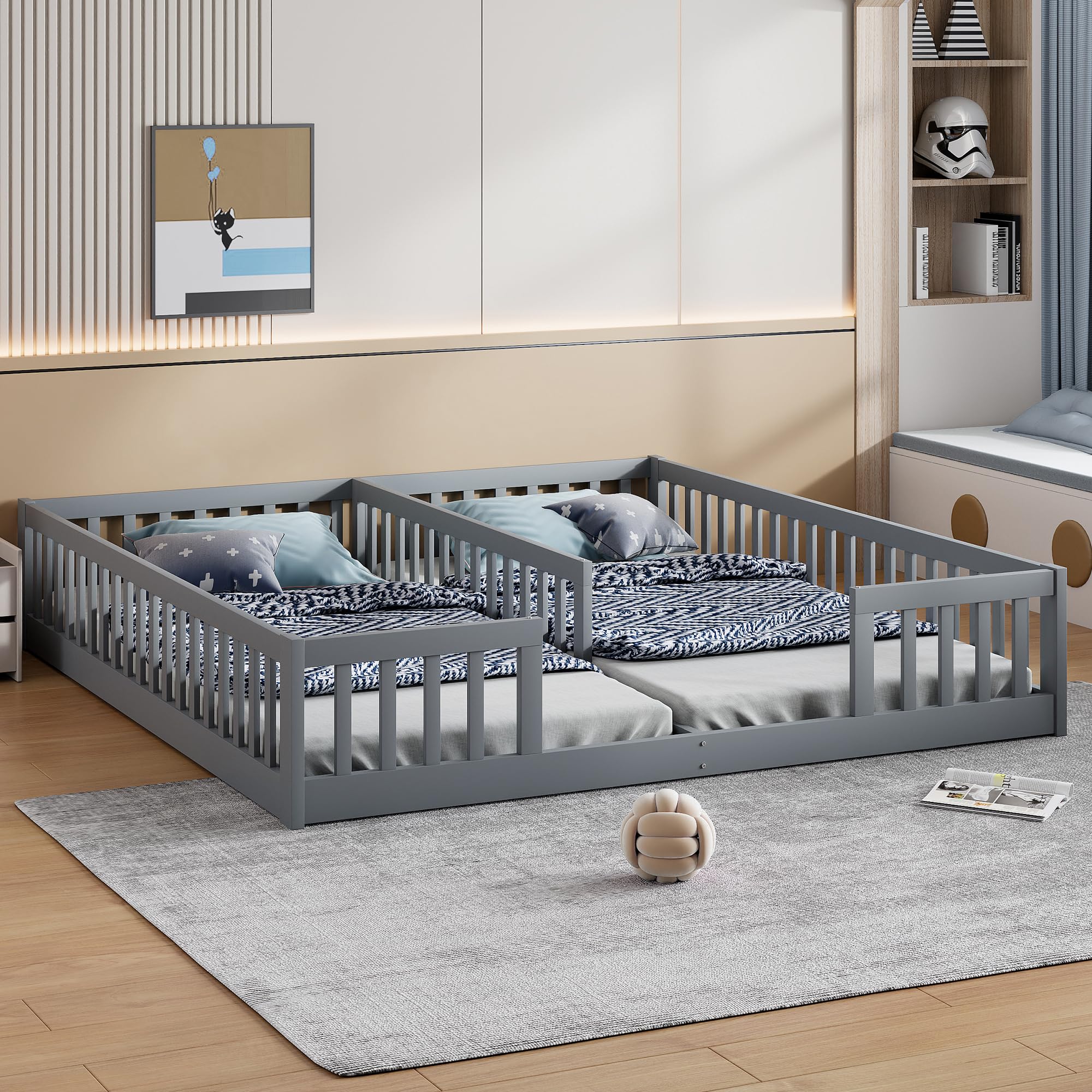 Lettino da pavimento 90 x 200 cm, con rete di sicurezza, in legno di pino, per famiglie con 2 bambini, letto gemellare con rete a doghe, grigio