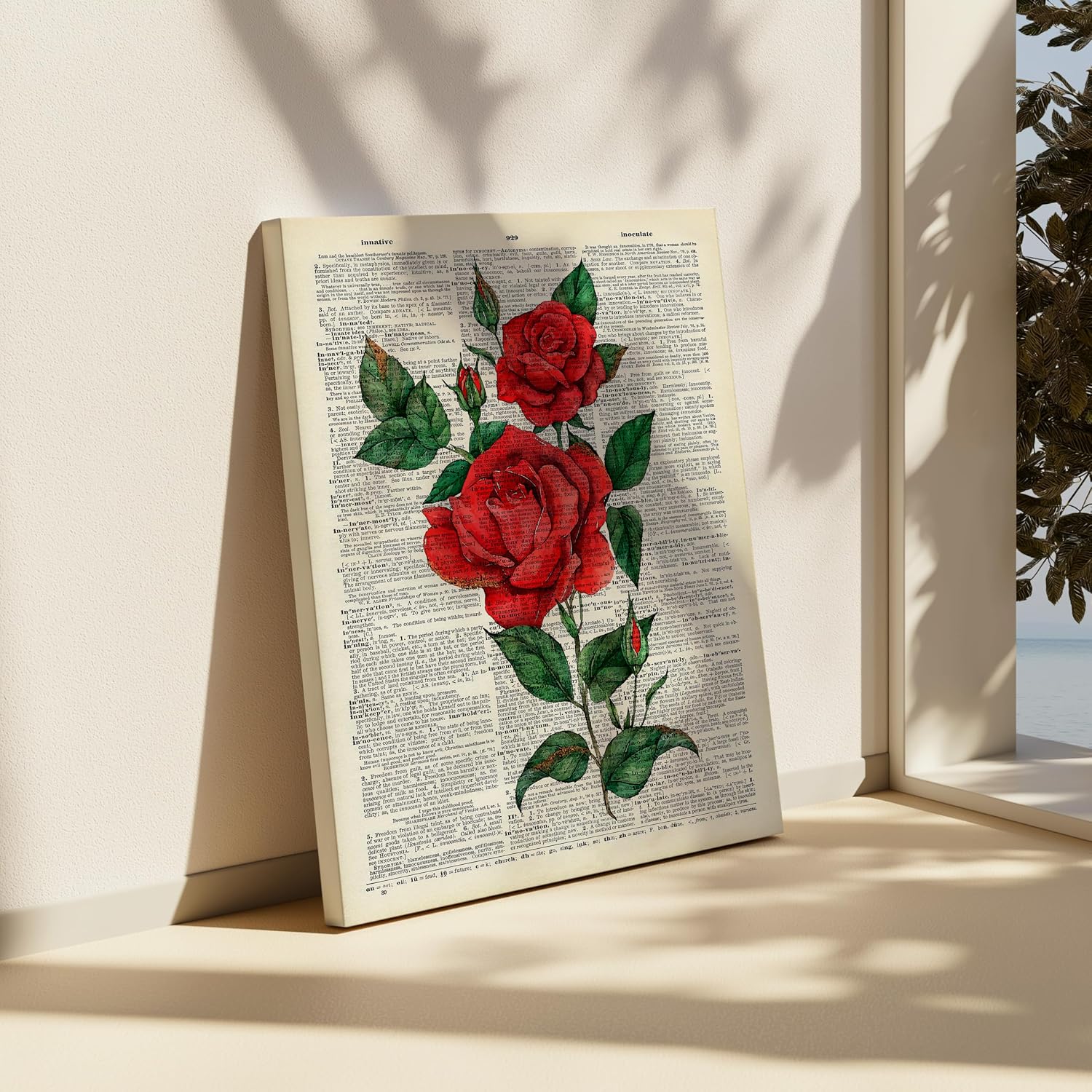 Poster Master Flower Canvas - Red Roses Print - Dictionary Art - Floral Gift for Men, Women & Florist - Minimal Wall Decor for Living Room, Bedroom, Dorm or Flower Shop - 8x10 STRETCHED Canvas