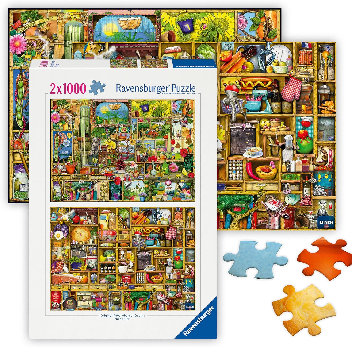 Ravensburger - Colin Thompson - 2 x 1000 Piece Jigsaw Puzzle - Stunning Scenes - #1 Garden Cupboard & Hidden Treasures - #2 Kitchen Delights - Ideal Gift - Frameable Art - Puzzles for Adults
