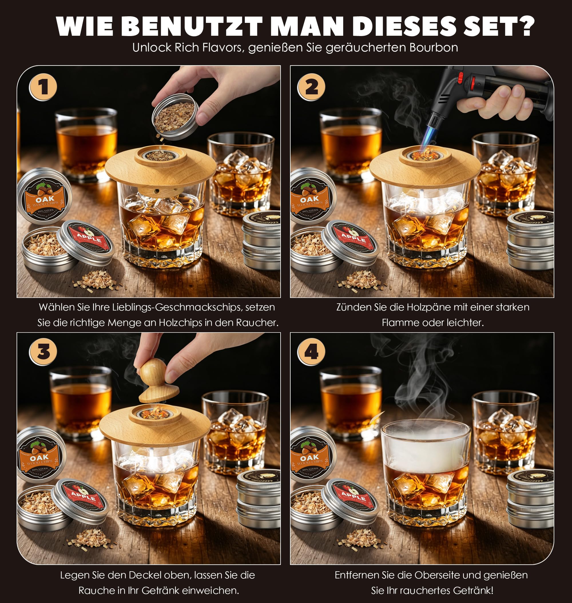 Whisky Räucher Set komplett mit Brenner und Holz-4 Geschmacksrichtungen, Cocktail Räucher Set mit Flambierbrenner, Whisky Geschenk für Männer (Feuergerät ohne Gasbutan)