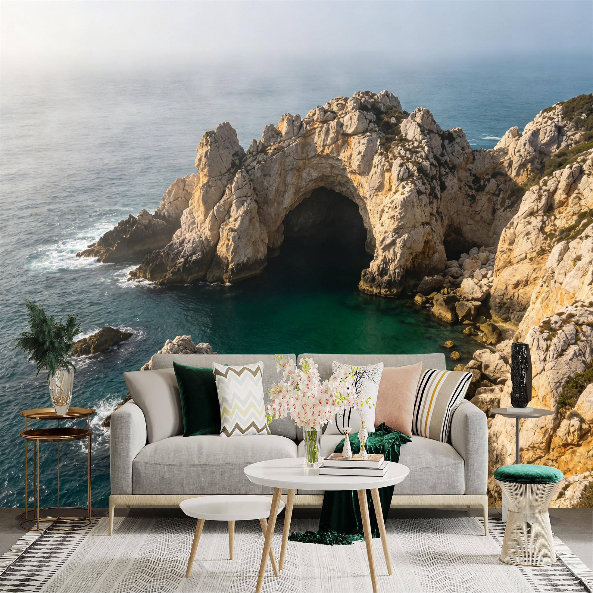 Lnzczhyre Dbh260521467 Custom Size Wall Sticker Mural， Coastal Sea Cave， Rugged Stone Cliffs， Turquoise Ocean Water， Natural Scenic Landscape， For Wall Decoration， Peelandstick Wall Decals.