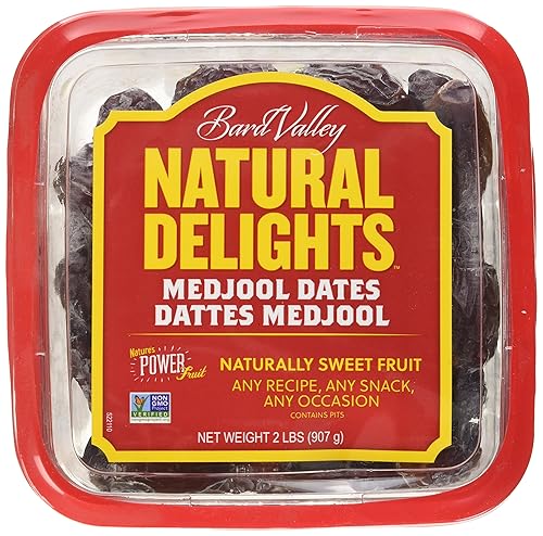 Natural Delights Medjool Dates - Medjool de dátiles enteros grandes y regordetes, verificado sin OMG, buena fuente de fibra, aperitivo de frutas